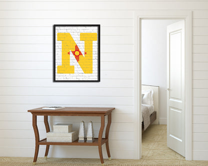 New Mexico State Initial Flag Wood Framed Paper Print Decor Wall Art Gifts, Brick
