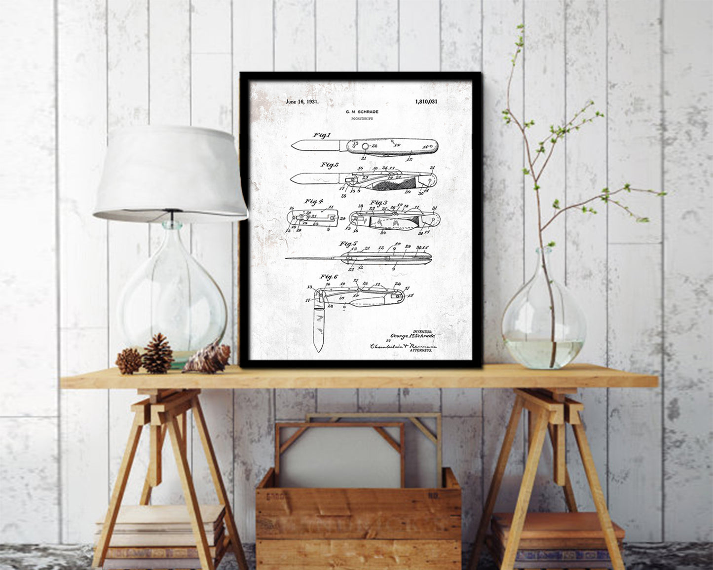Pocketknife Cowboy Vintage Patent Artwork Black Frame Print Wall Art Decor Gifts