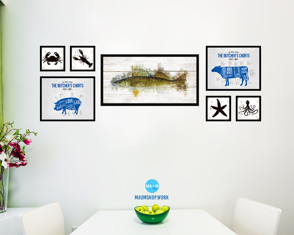 Walleye Fish Art Wood Framed White Wash Restaurant Sushi Wall Decor Gifts, 10" x 20"