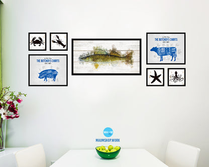Walleye Fish Art Wood Framed White Wash Restaurant Sushi Wall Decor Gifts, 10" x 20"