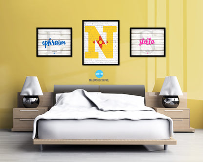 New Mexico State Initial Flag Wood Framed Paper Print Decor Wall Art Gifts, Brick