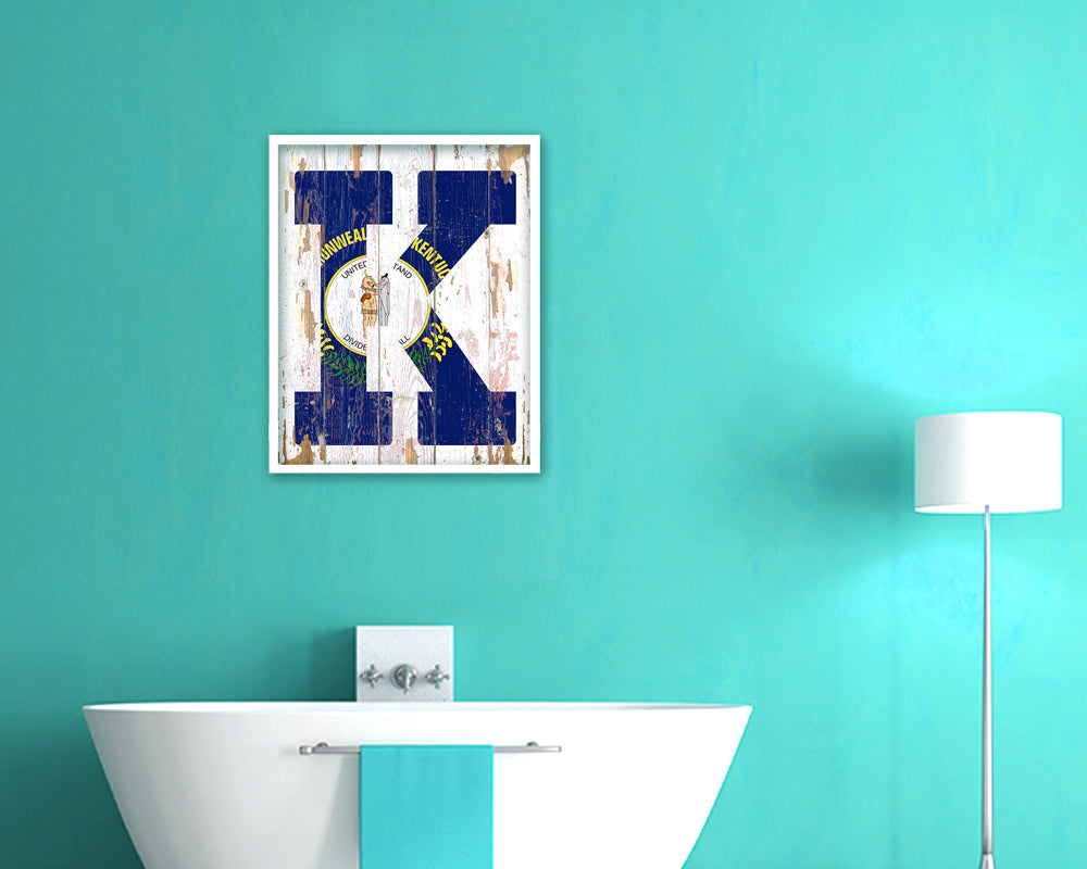 Kentucky State Initial Flag Wood Framed Paper Print Decor Wall Art Gifts, Beach