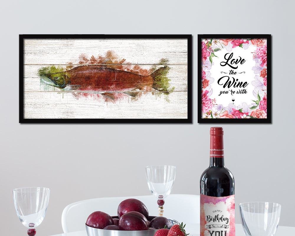 Sockeye Salmon Fish Art Wood Framed White Wash Restaurant Sushi Wall Decor Gifts, 10" x 20"