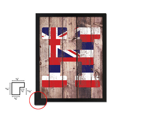 Hawaii State Initial Flag Wood Framed Paper Print Decor Wall Art Gifts, Wood
