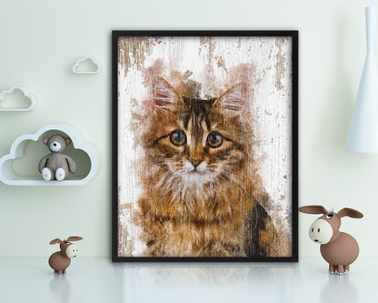 Siberian Cat Kitten Portrait Framed Print Pet Home Decor Custom Watercolor Wall Art Gifts