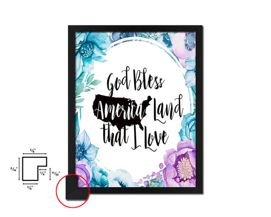 God bless America land that I love Quote Boho Flower Framed Print Wall Decor Art