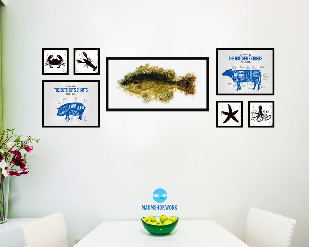 Bluegill Fish Art Wood Frame Modern Restaurant Sushi Wall Decor Gifts, 10" x 20"