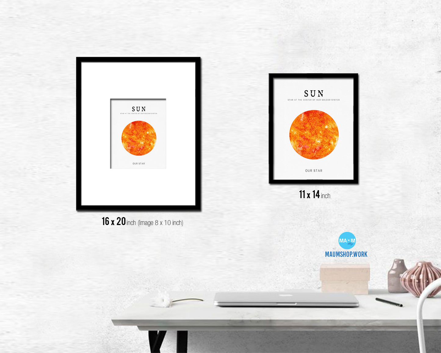 Sun Planet Prints Watercolor Solar System Wood Framed Paper Print Wall Art Decor Gifts