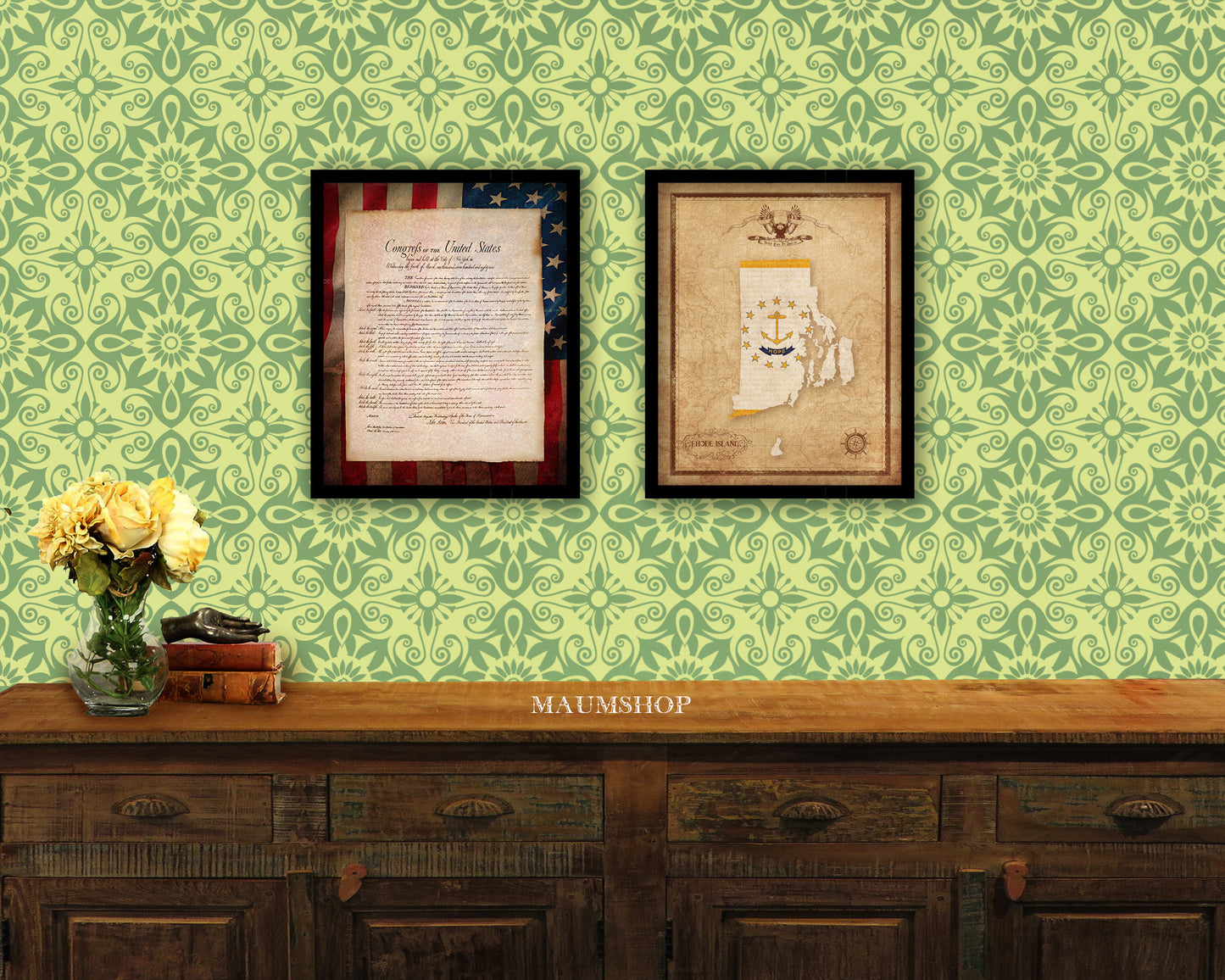 Rhode Island State Vintage Map Wood Framed Paper Print  Wall Art Decor Gifts