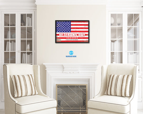 Veterans Day Thank you for your service Shabby Chic Military Flag Framed Print Decor Wall Art Gifts