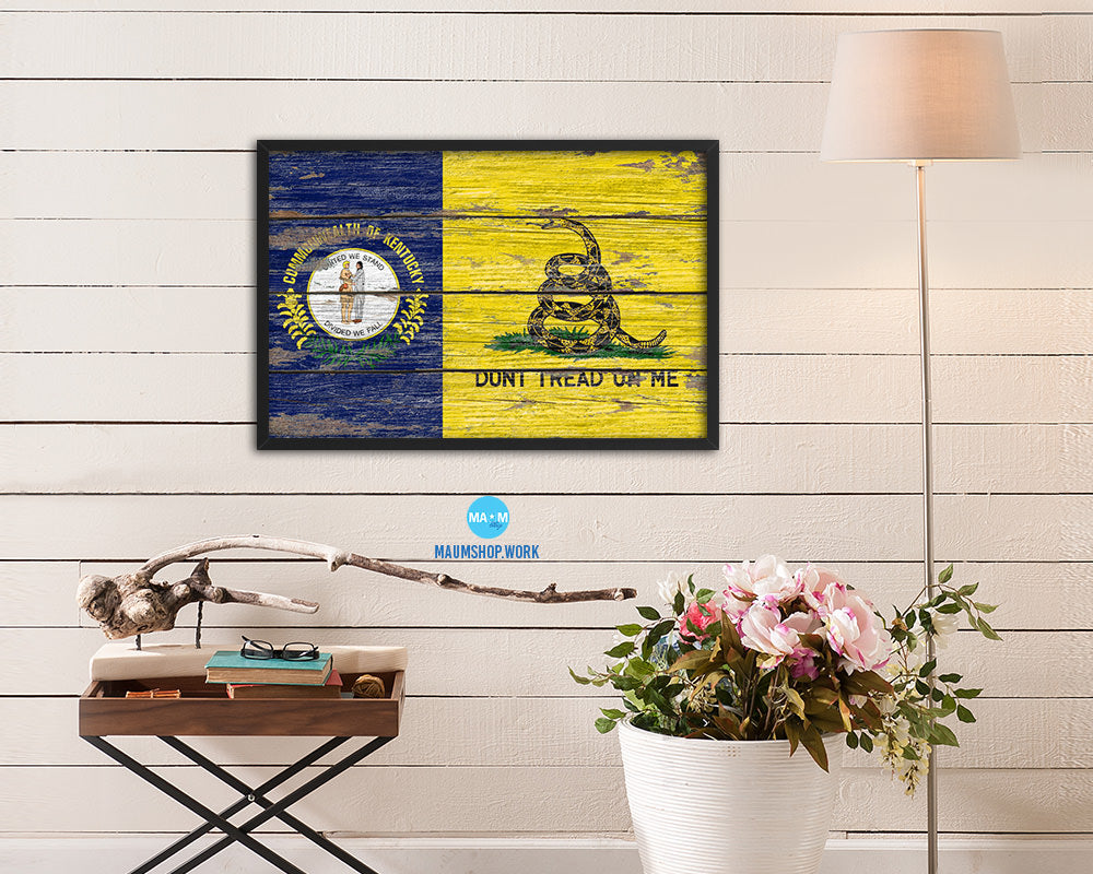 Gadsden Don't Tread On Me Tea Party Kentucky State Wood Rustic Flag Framed Print Art