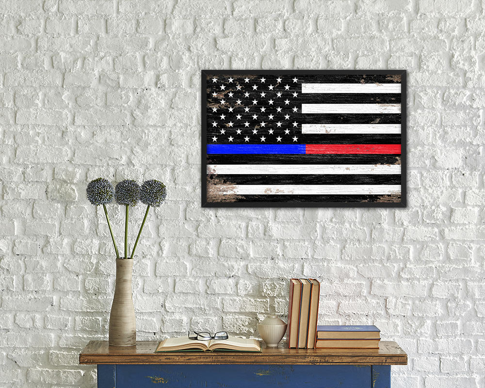 Thin Blue Line Police & Thin Red Line Firefighter Respect & Honor Law Enforcement Shabby Chic Military FlagArt