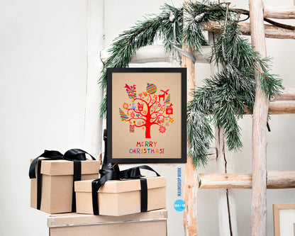 Merry Christmas Tree Holiday Season Gifts Wood Framed Print Home Decor Wall Art