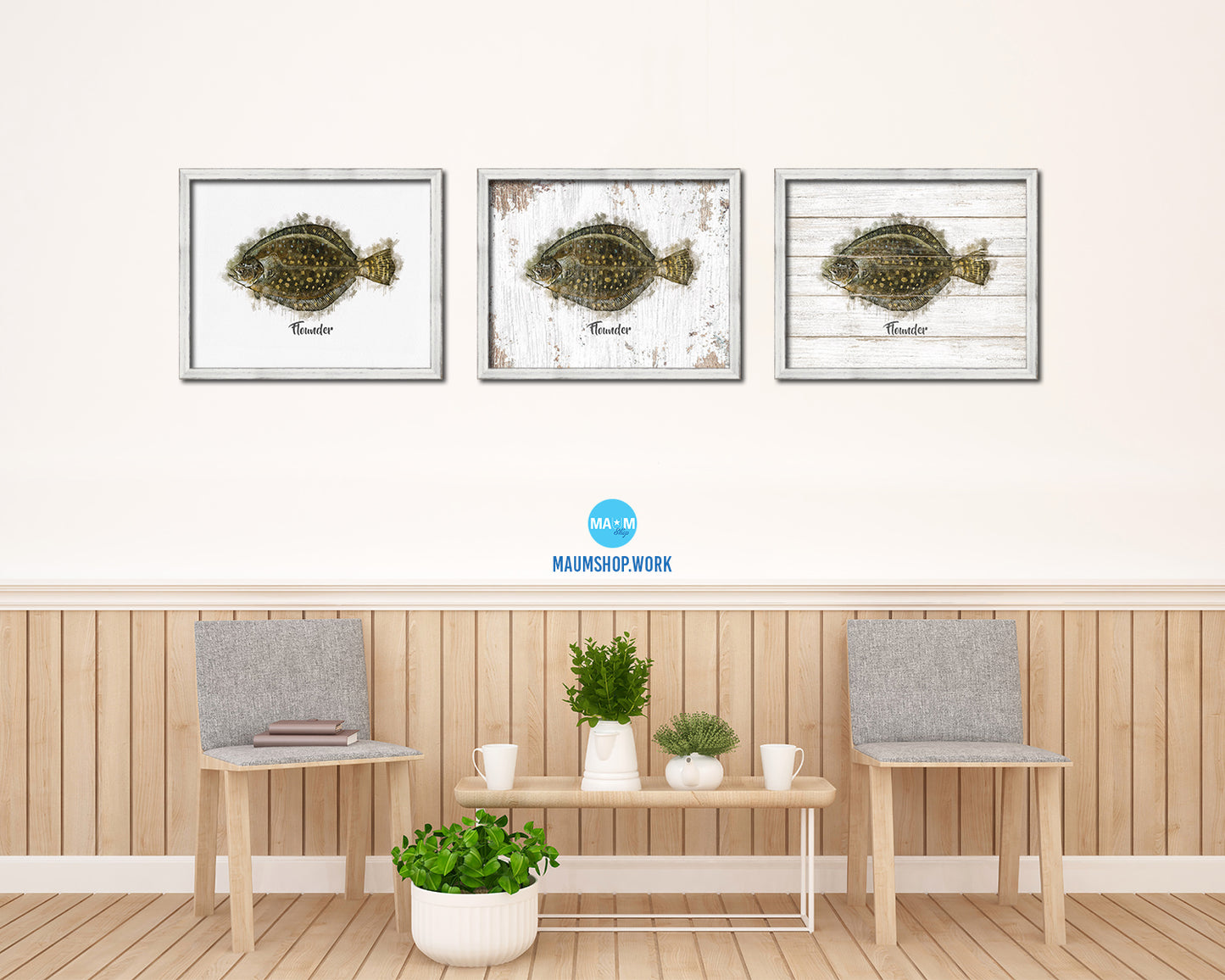 Flounder Fish Framed Prints Modern Restaurant Sushi Bar Watercolor Wall Art Decor