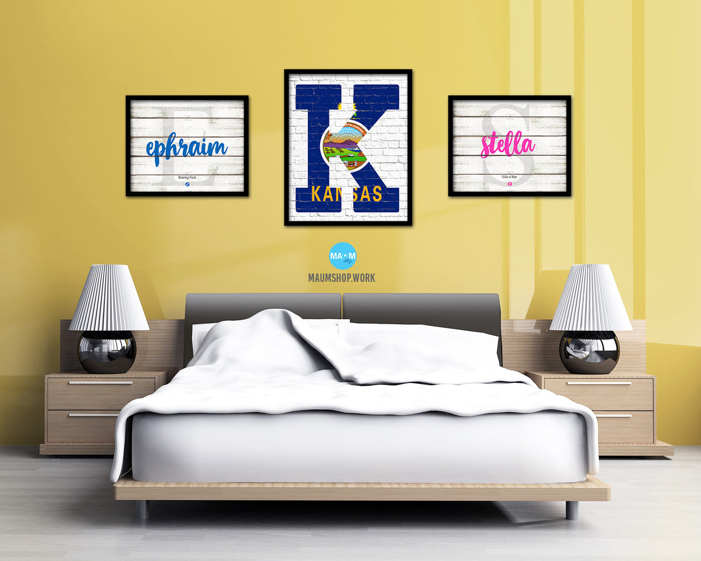 Kansas State Initial Flag Wood Framed Paper Print Decor Wall Art Gifts, Brick