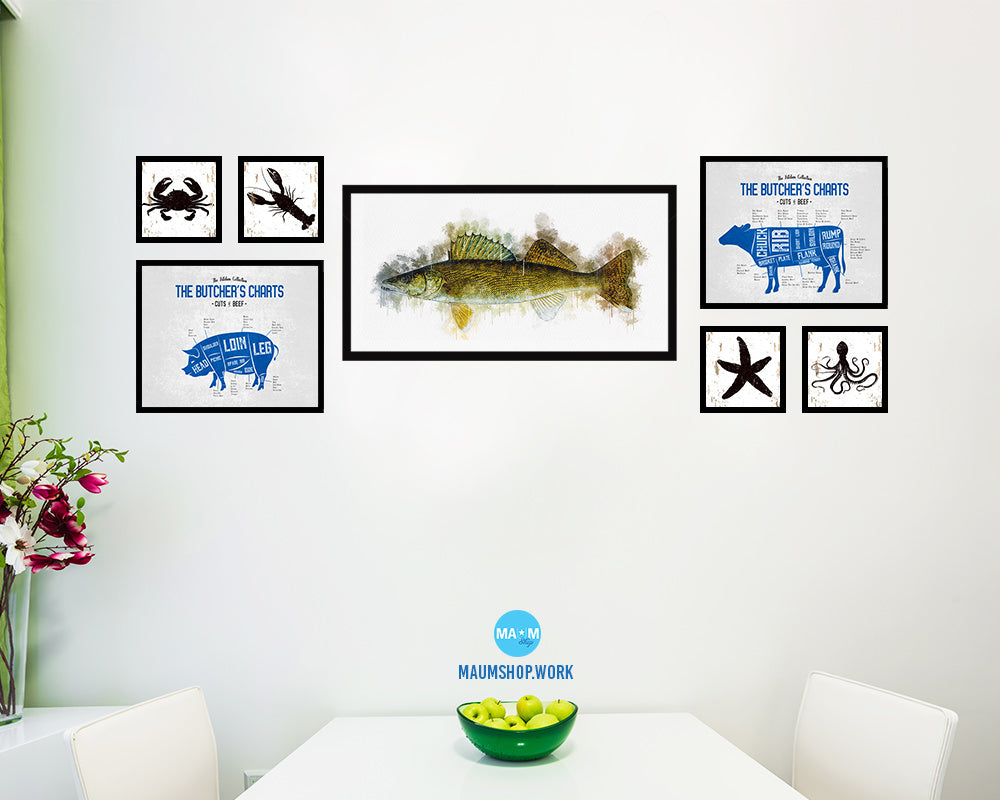 Walleye Fish Art Wood Frame Modern Restaurant Sushi Wall Decor Gifts, 10" x 20"