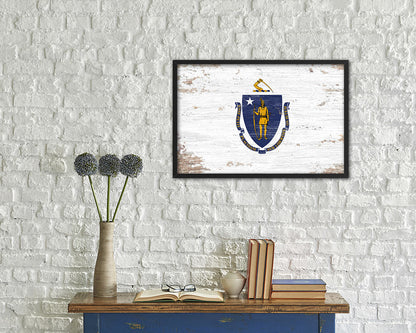 Massachusetts State Shabby Chic Flag Wood Framed Paper Print  Wall Art Decor Gifts