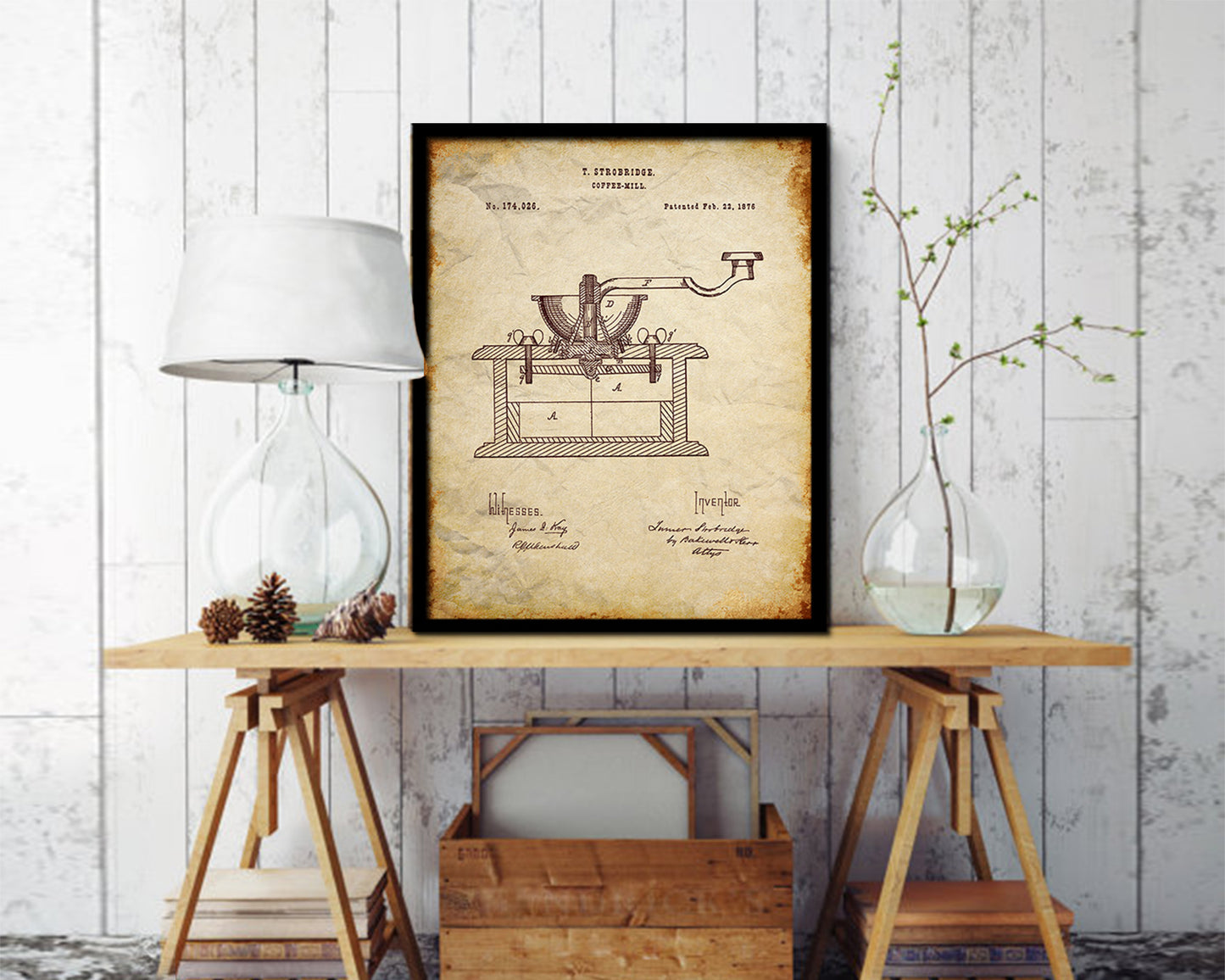 Mill Coffee Vintage Patent Artwork Walnut Frame Print Wall Art Decor Gifts