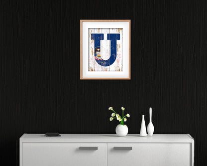 Utah State Initial Flag Wood Framed Paper Print Decor Wall Art Gifts, Beach