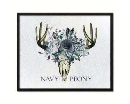 Boho Navy Peony Wood Framed Print Bohemian Girls Room Nursery Wall Art Decor Gifts