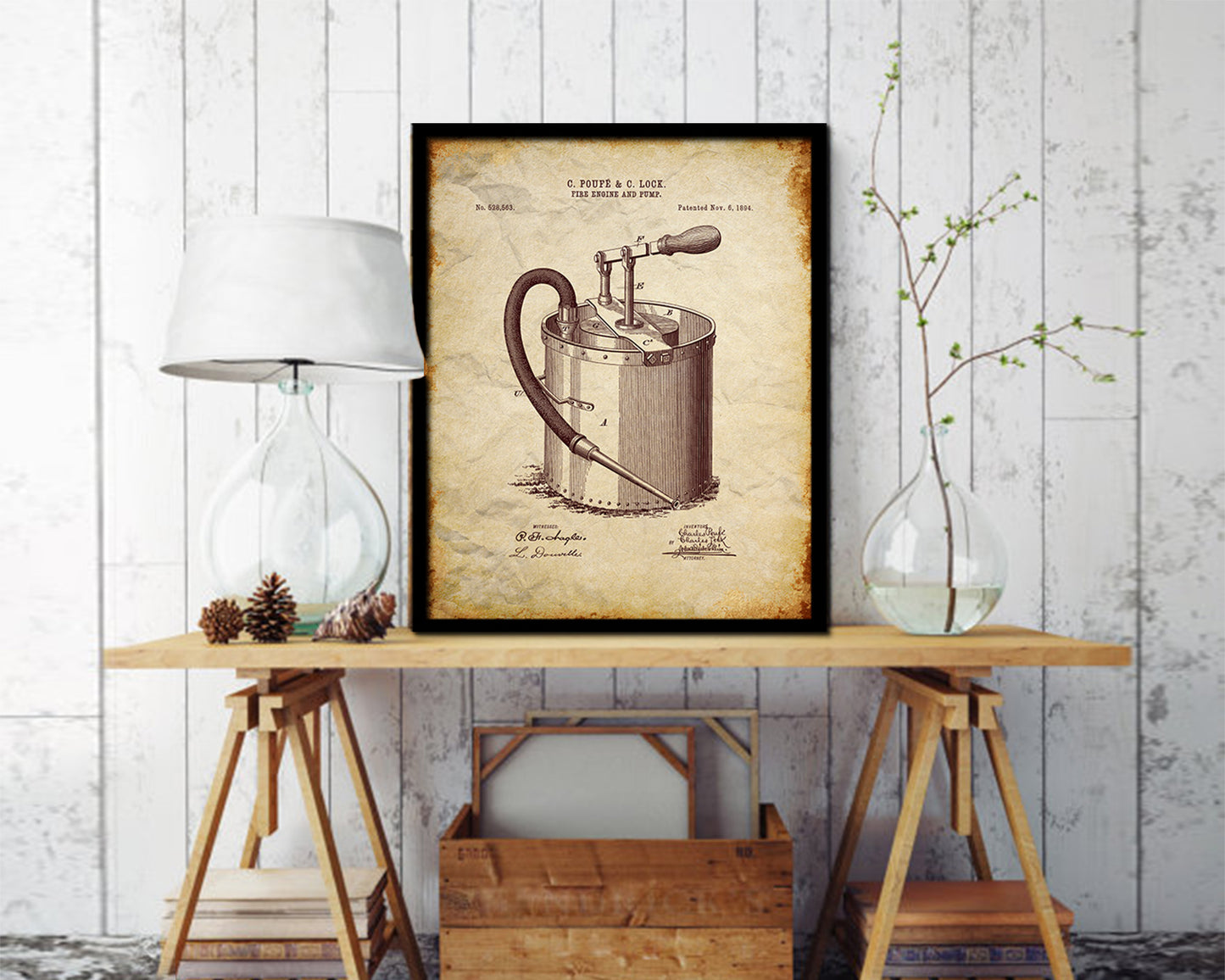 Fire Engine and Pump Firefighter Vintage Patent Artwork Walnut Frame Gifts
