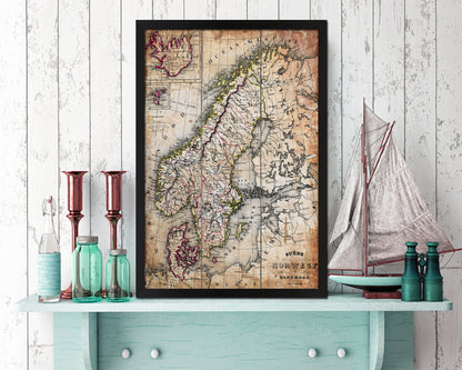 Sweden Norway Scandinavia Antique Map Wood Framed Print Art Wall Decor Gifts