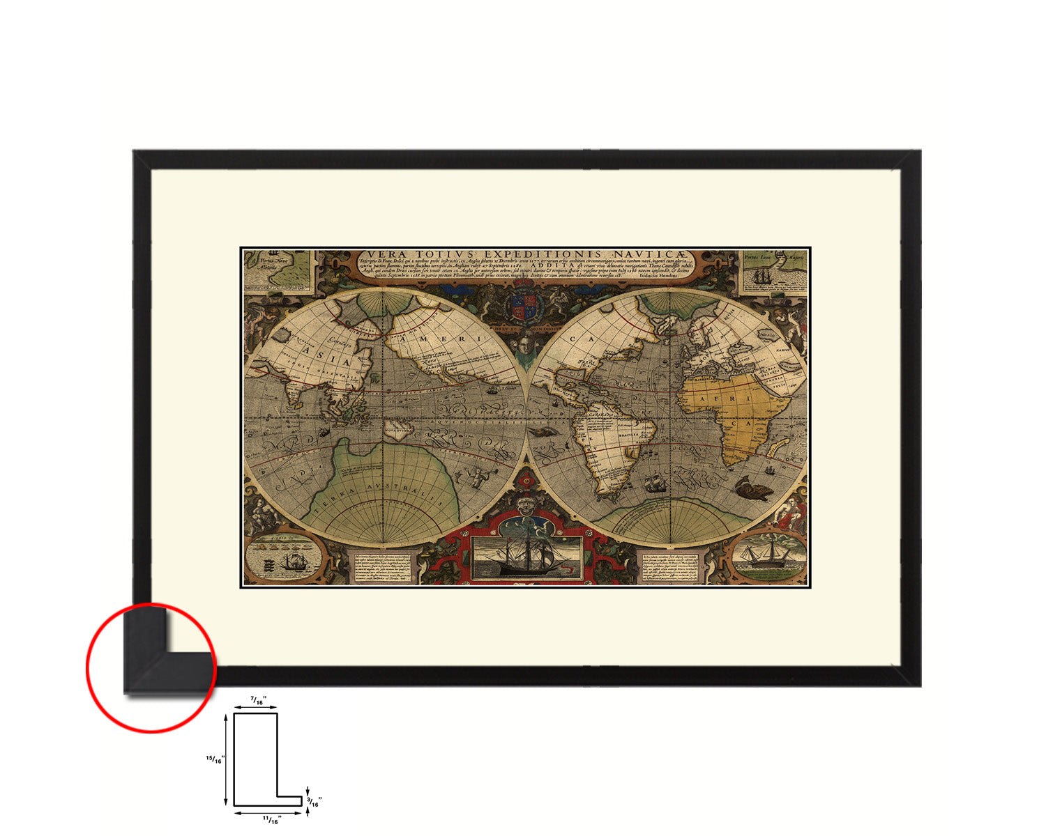 Vera Totius Expeditionis Nautica Double Hemisphere World Old Map Framed Print Art Gifts