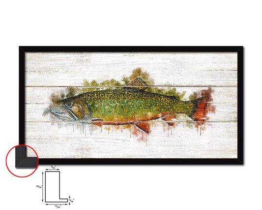Brook Trout Fish Art Wood Framed White Wash Restaurant Sushi Wall Decor Gifts, 10" x 20"