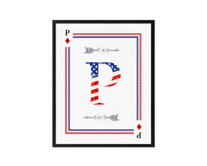 Letter P Custom Monogram Decks Diamond American Flag Framed Print Wall Art Decor Gifts
