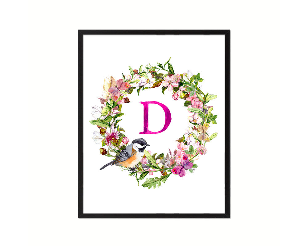 Letter D Floral Wreath Monogram Framed Print Wall Art Decor Gifts