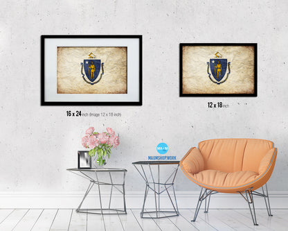 Massachusetts State Vintage Flag Wood Framed Paper Print Wall Art Decor Gifts