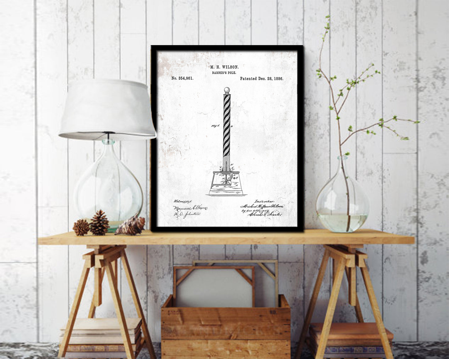 Barber's Pole Barbershop Vintage Patent Artwork Black Frame Print Wall Art Decor Gifts