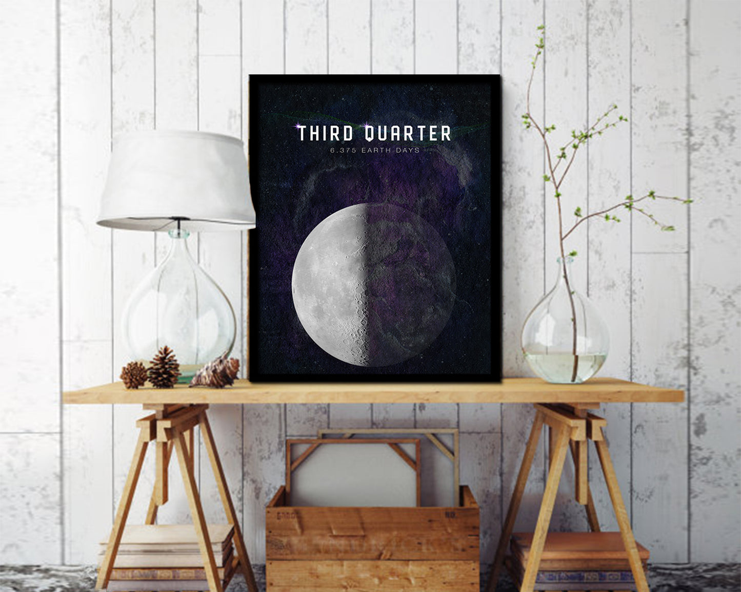 Waning Third Quarter Lunar Phases Length of Year Moon Watercolor Nursery Framed Prints Wall Art Gift