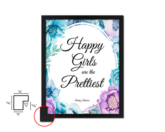 Happy girls are the prettiest, Audrey Hepburn Quote Boho Flower Framed Print Wall Decor Art