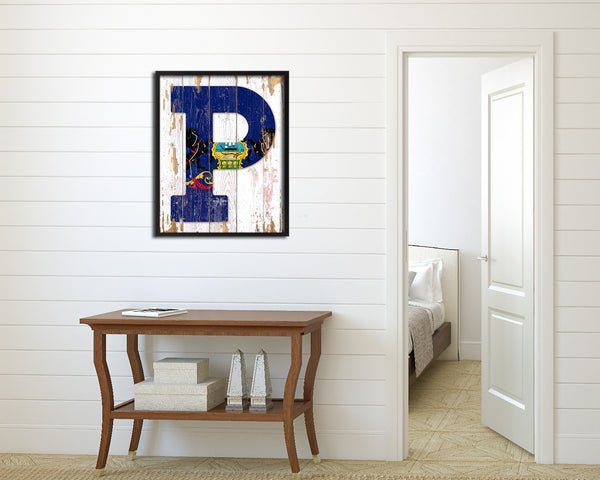 Pennsylvania State Initial Flag Wood Framed Paper Print Decor Wall Art Gifts, Beach