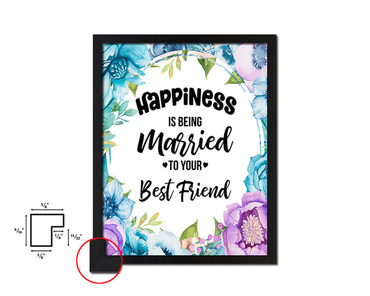 Happiness is being married Quote Boho Flower Framed Print Wall Decor Art