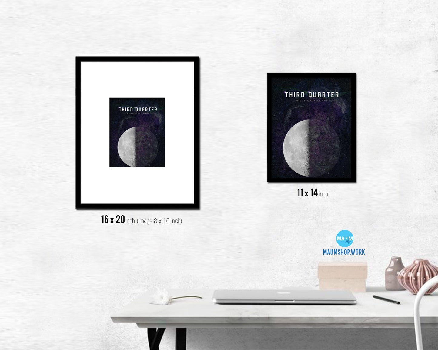 Waning Third Quarter Lunar Phases Length of Year Moon Watercolor Nursery Framed Prints Wall Art Gift