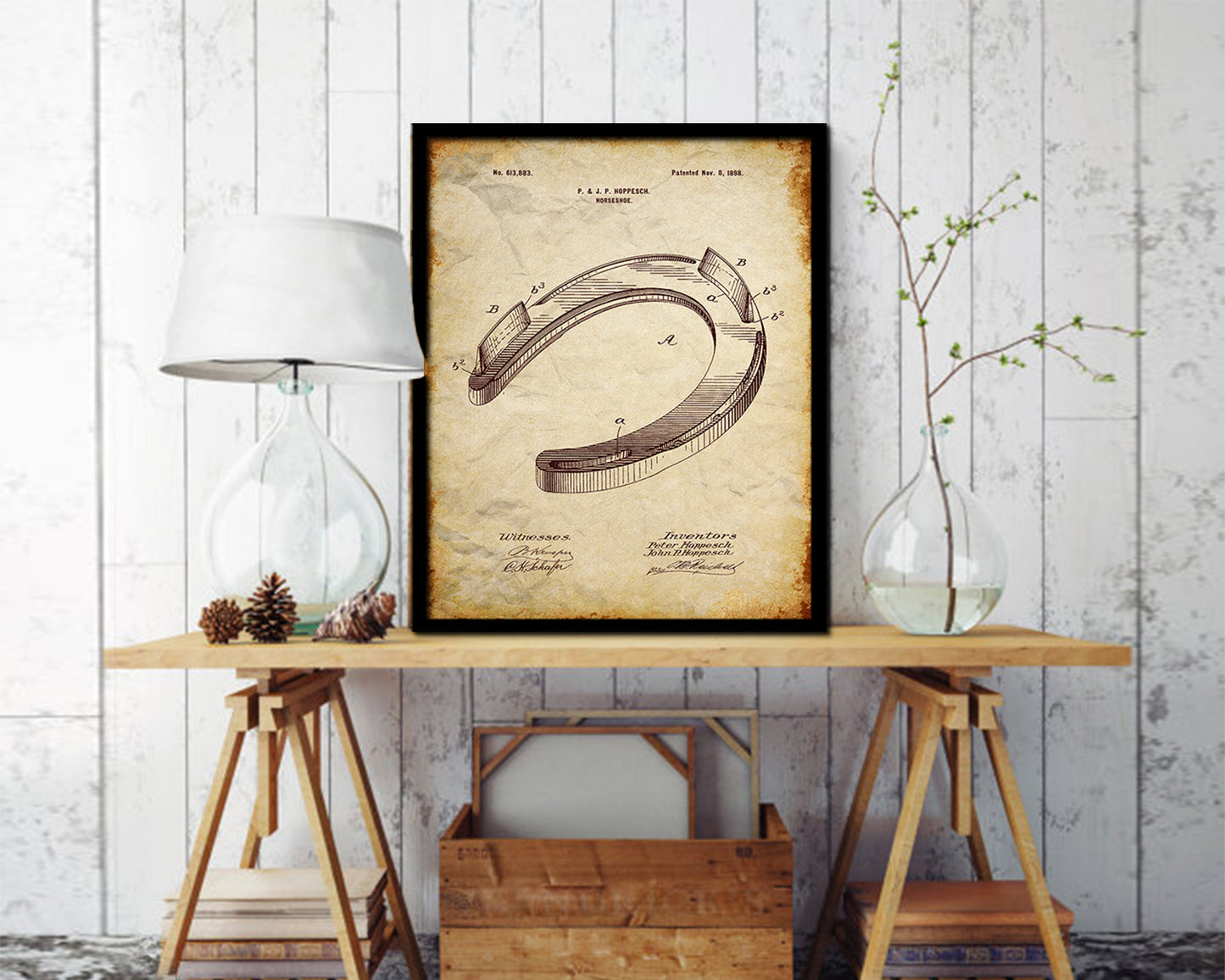 Horseshoe Cowboy Vintage Patent Artwork Walnut Frame Print Wall Art Decor Gifts