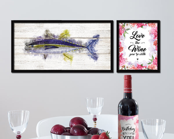 Yellowfin Fish Art Wood Framed White Wash Restaurant Sushi Wall Decor Gifts, 10" x 20"