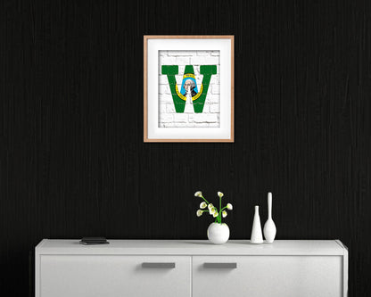 Washington State Initial Flag Wood Framed Paper Print Decor Wall Art Gifts, Brick