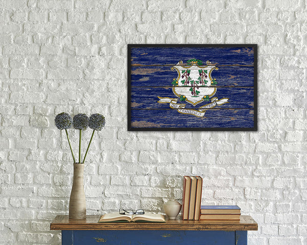 Connecticut State Rustic Flag Wood Framed Paper Prints Wall Art Decor Gifts
