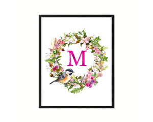 Letter M Floral Wreath Monogram Framed Print Wall Art Decor Gifts