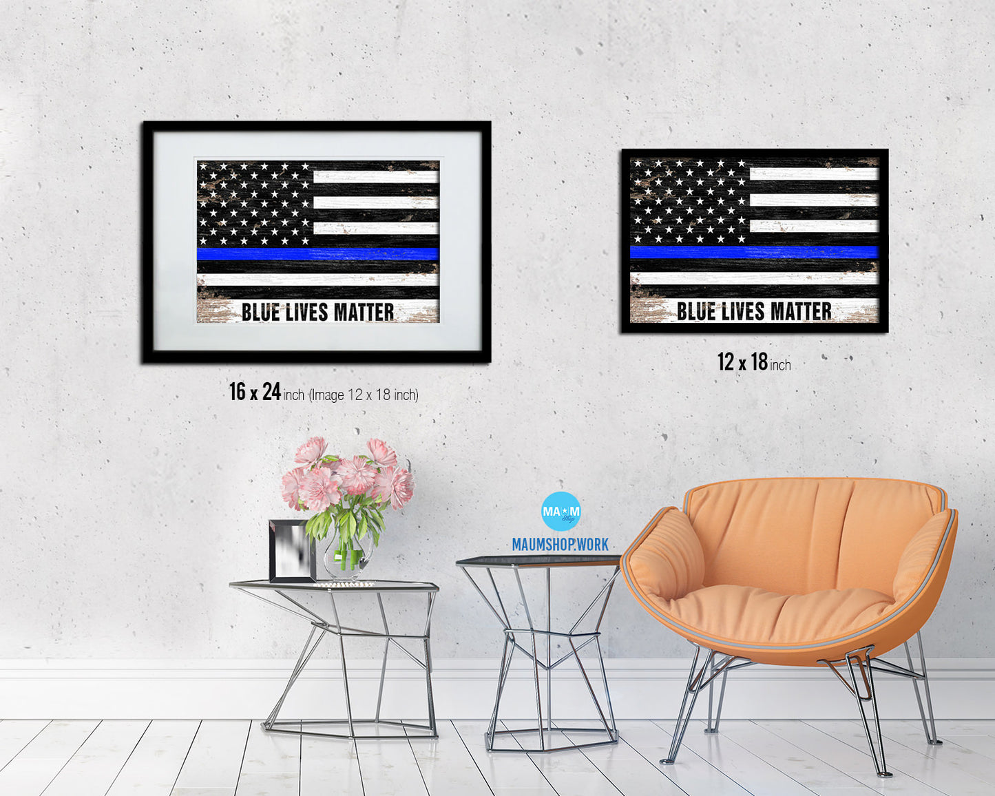 Thin Blue Line Honoring Law Enforcement American, Blue lives matter Shabby Chic Military FlagFramed Print Art