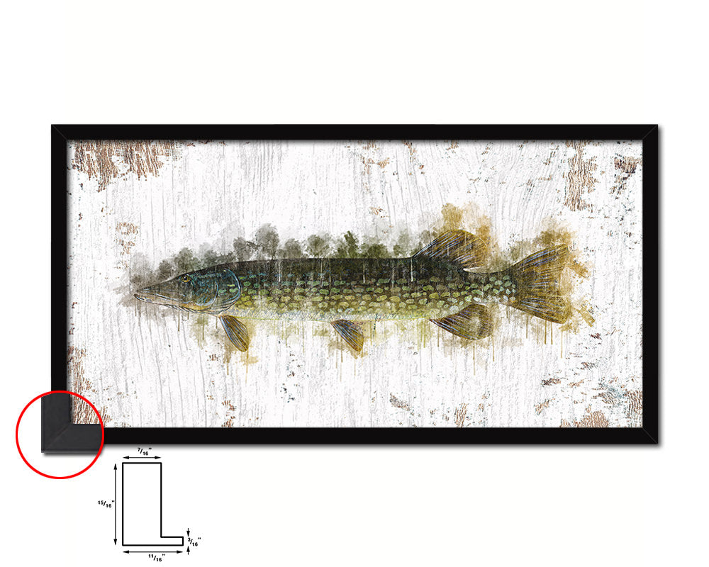 Pike Fish Art Wood Frame Shabby Chic Restaurant Sushi Wall Decor Gifts, 10" x 20"