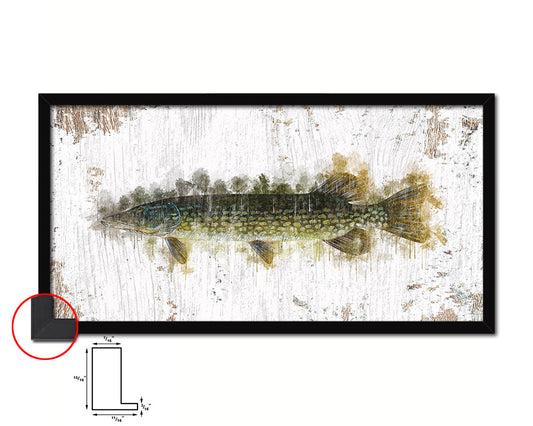 Pike Fish Art Wood Frame Shabby Chic Restaurant Sushi Wall Decor Gifts, 10" x 20"