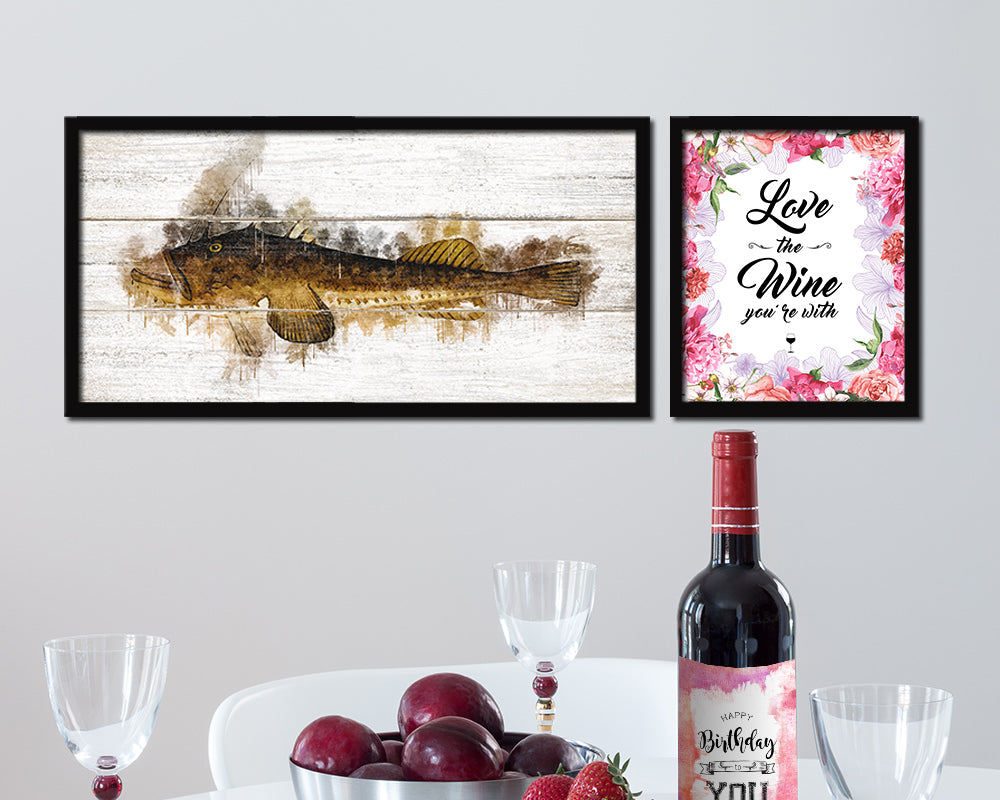 Monkfish Fish Art Wood Framed White Wash Restaurant Sushi Wall Decor Gifts, 10" x 20"