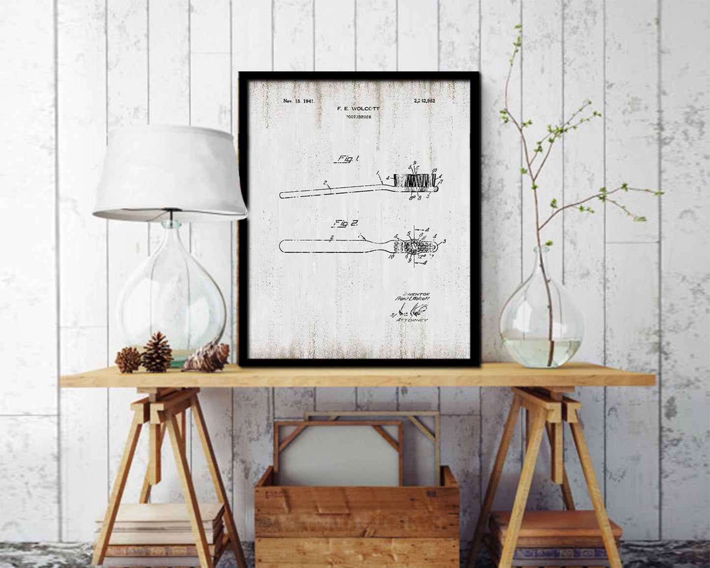 Dental Toothbrush Dentist Vintage Patent Artwork Black Frame Print Wall Art Decor Gifts