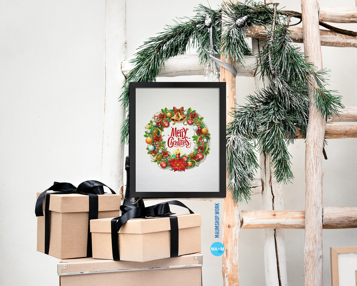 Christmas Wreath Holiday Season Gifts Wood Framed Print Home Decor Wall Art