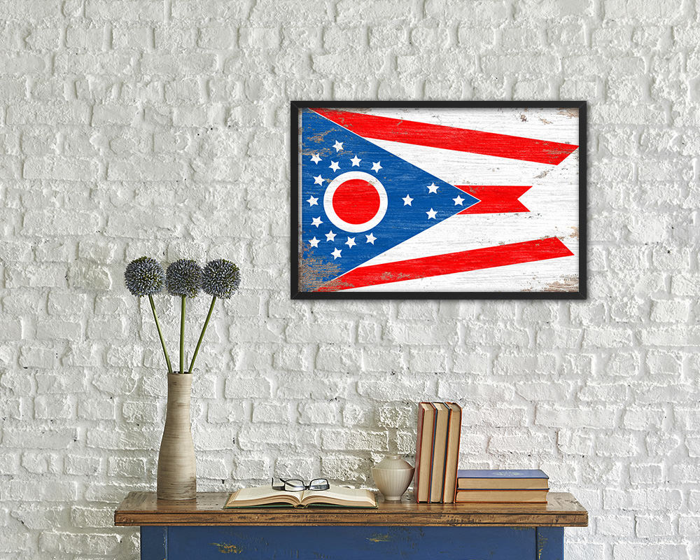 Ohio State Shabby Chic Flag Wood Framed Paper Print  Wall Art Decor Gifts