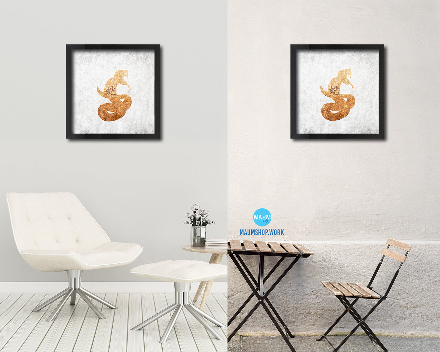Snake Chinese Zodiac Character Wood Framed Print Wall Art Decor Gifts, White